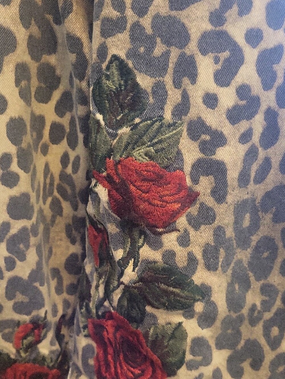 DRIFTWOOD Leopard Print Denim Jacket with Red Rose Embroidery - Picture 2 of 6